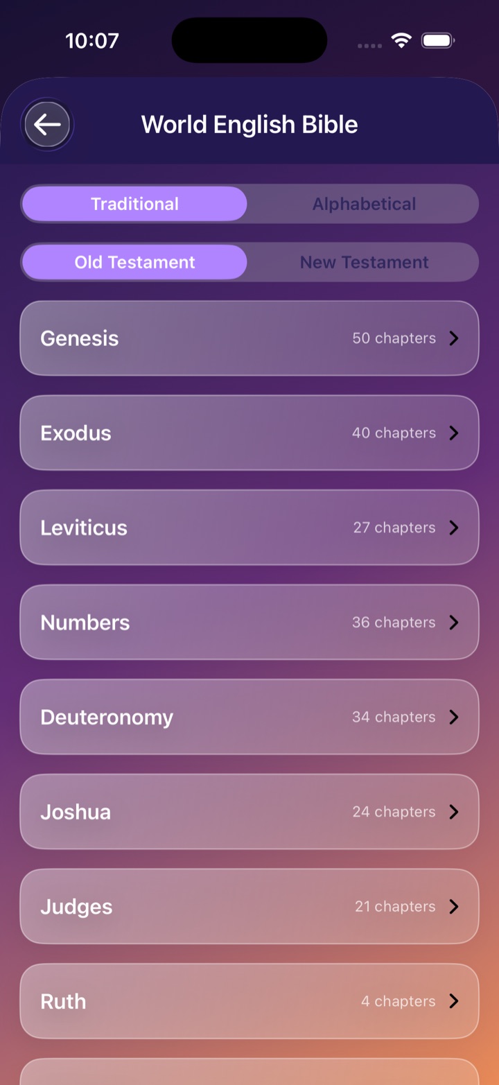 The Snap-A-Verse Bible library listing Genesis, Exodus, and other books of the World English Bible.