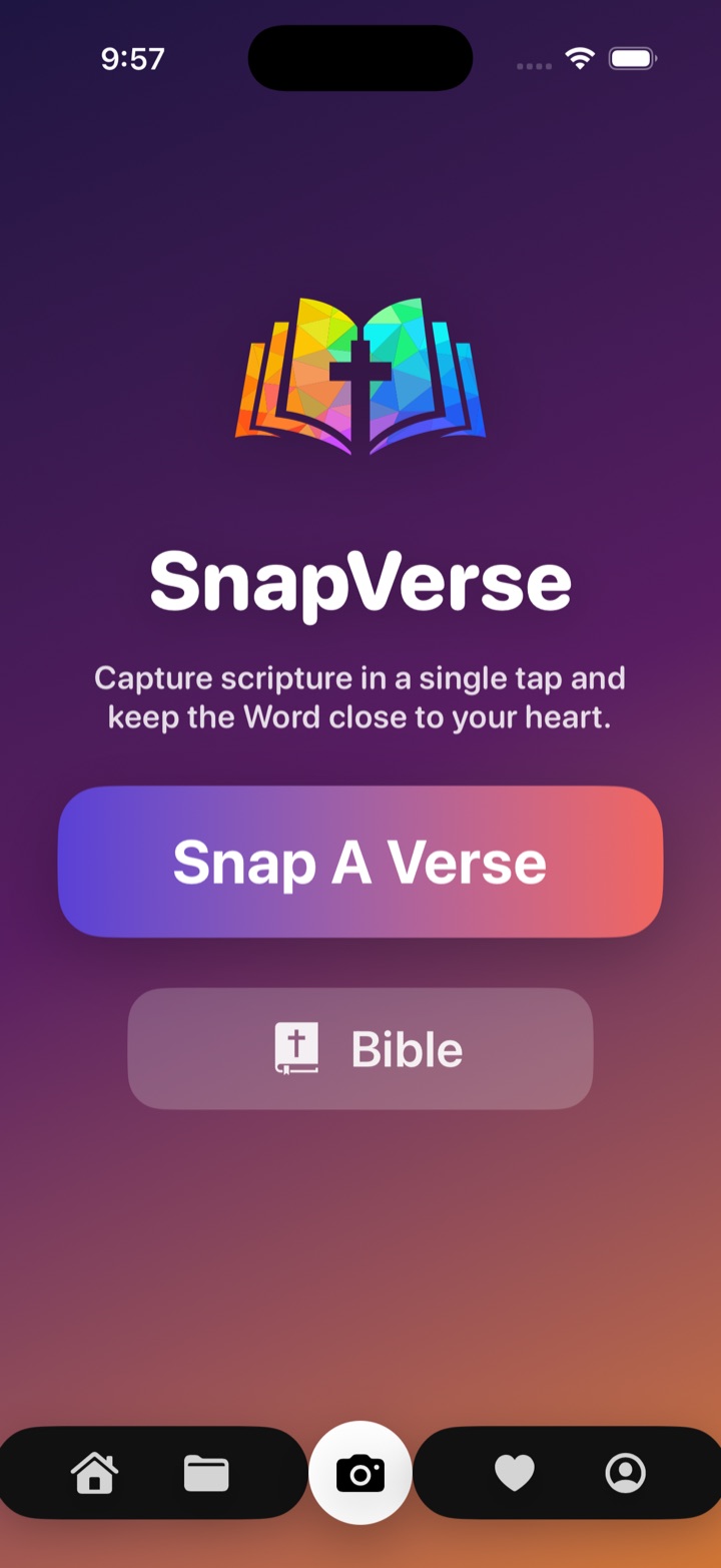 The Snap-A-Verse home screen with the stained-glass book logo, a Snap A Verse button, and a Bible button.